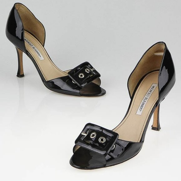 Vintage Manolo Blahnik Black Patent Leather Gold Buckle heels.SZ 38.5